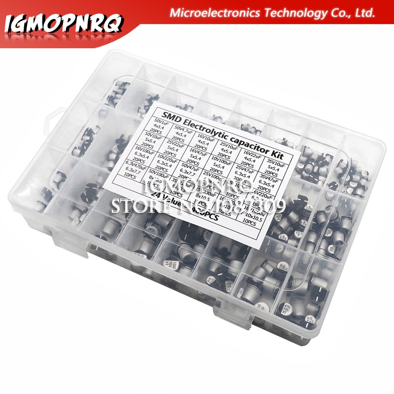 ตัวเก็บประจุอลูมิเนียม 1uF~1000uF 6.3V-50V 24Value SMD พร้อมกล่อง 400 ชิ้น