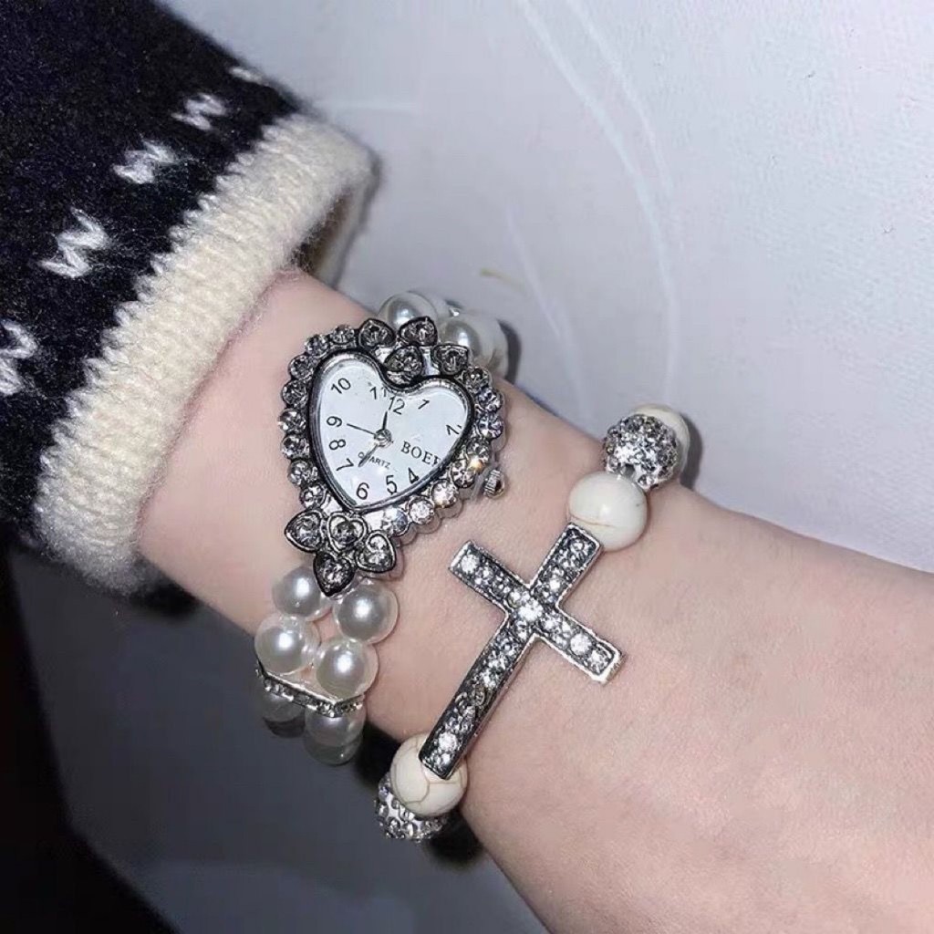 Pearl Love Watch Bracelet Female y2k Diamond Cross Elastic Bracelet Jewelry
