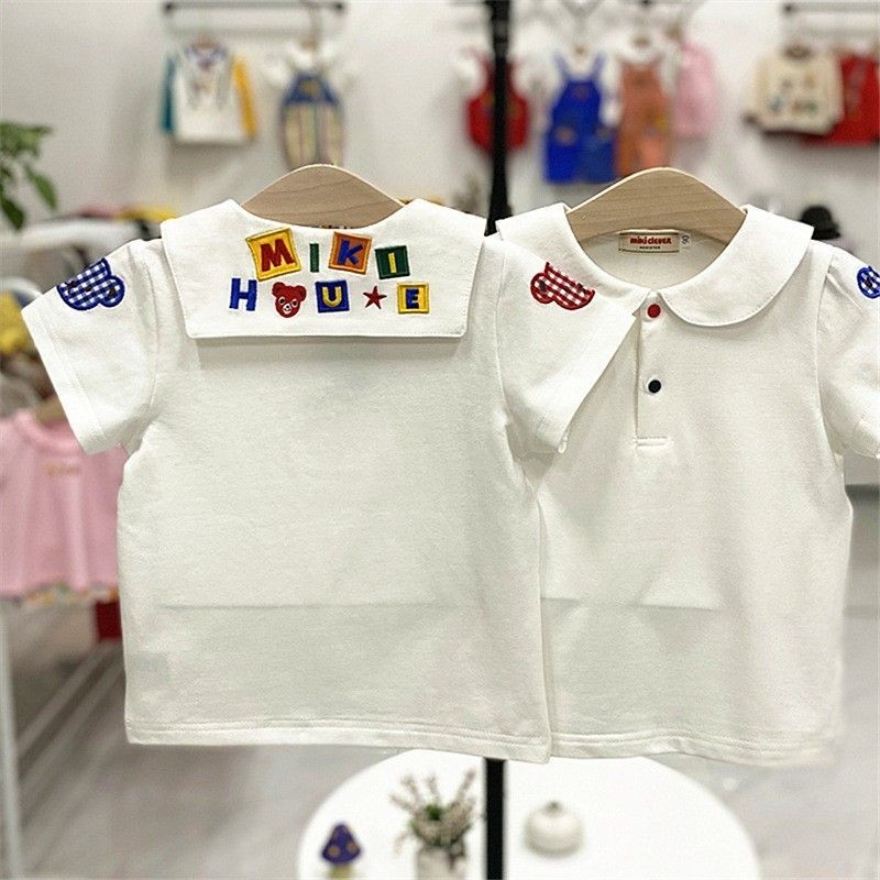 สาวเสื้อฤดูร้อนเด็กสีขาวการ์ตูนผ้าฝ้ายบริสุทธิ์ปักปกด้านบน