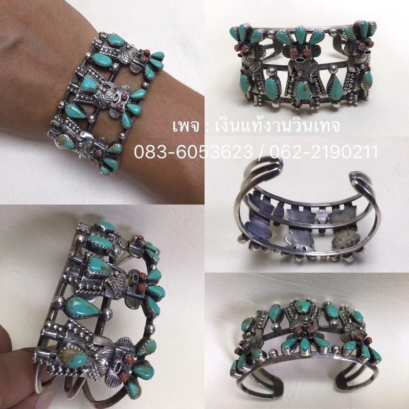 เทอร์ควอยซ์ อัญมณีเเท้ งานเมกา Vintage NAVAJO Sterling Silver TURQUOISE Coral Red Eye KACHINA Cuff