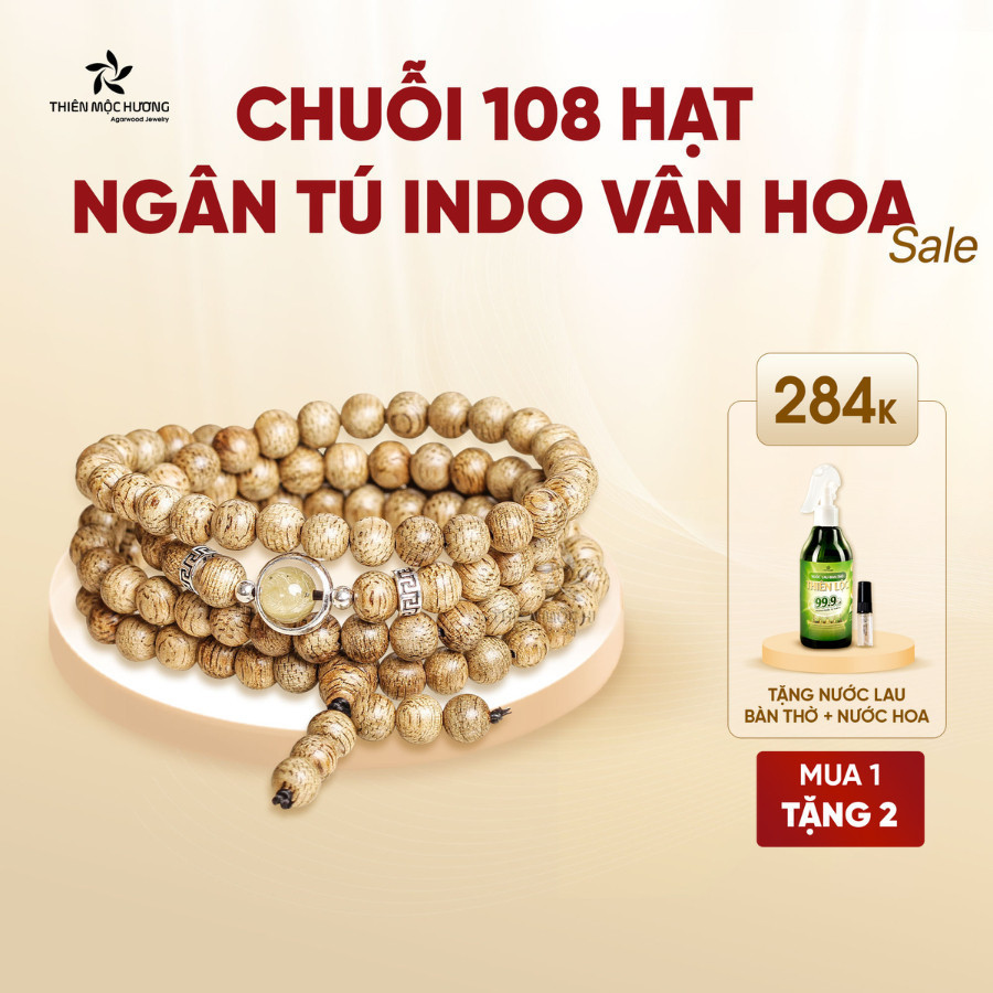 สร ้ อยข ้ อมือไม ้ กฤษณา 108 Ngan Tu เมล ็ ดอินโดนีเซีย Thien Moc Huong ดอกไม ้ รูปแบบห ่ อ