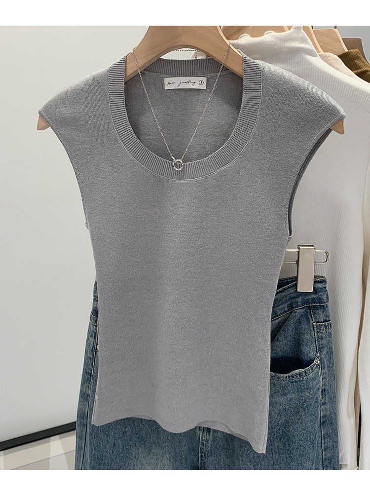 83791เสื้อกั๊กแขนกุดผ้าถักคอกลมเข้ารูปสีพื้น - รูปที่ 7