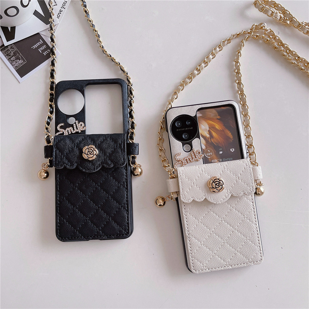 เคสโทรศัพท์มือถือหนังแกะ ฝาพับ ลายดอกคามิเลีย พร้อมช่องใส่บัตร และสายโซ่คล้อง หรูหรา สําหรับ OPPO Find N2 Flip findn3 Find N3