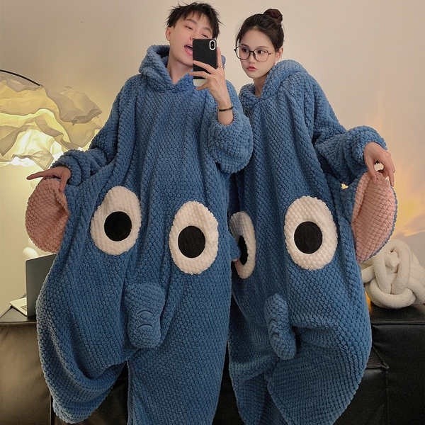 ชุดมาสคอต ชุดมาสคอต ผู้ใหญ่ ช้าง One Piece คู่ชุดนอนผู้ชายและผู้หญิงฤดูหนาวหนาปะการังผ้าสักหลาดบวกข