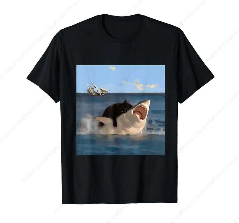 แมวกัด Shark Humorous ขี้เล่นตลก Cat และ Shark Meme เสื้อยืดผู้ชายผู้หญิงคู่คุณภาพสูง Tees Tops