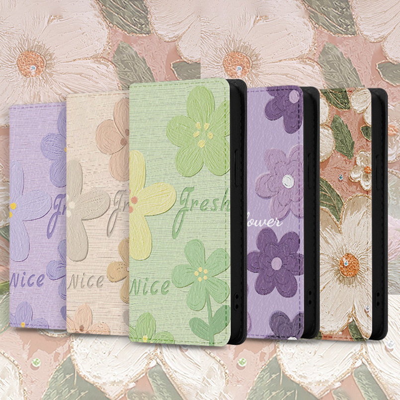 เคสโทรศัพท์มือถือหนัง ลายภาพวาดสีน้ํามัน รูปดอกไม้ พร้อมช่องใส่บัตร สําหรับ Vivo Y11 Y31 Y51 Y100 Y17S T1 T2X Z6 Pro
