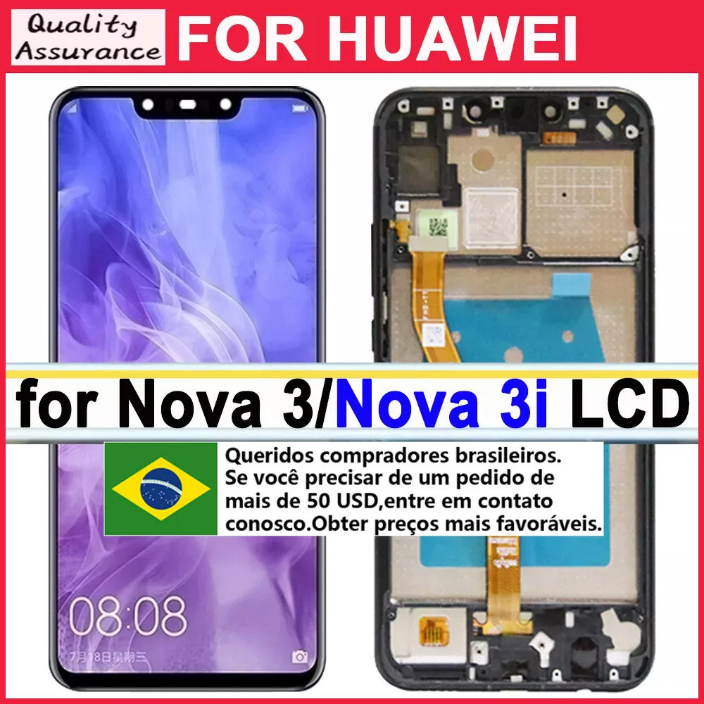 100% ทดสอบอะไหล่จอ LCD ขนาด6.3นิ้วสำหรับ Huawei Nova 3I Ine-Lx1r, Ine-Lx1, หน้าจอสัมผัส Nova 3 Par-Al00 Par-Lx1m