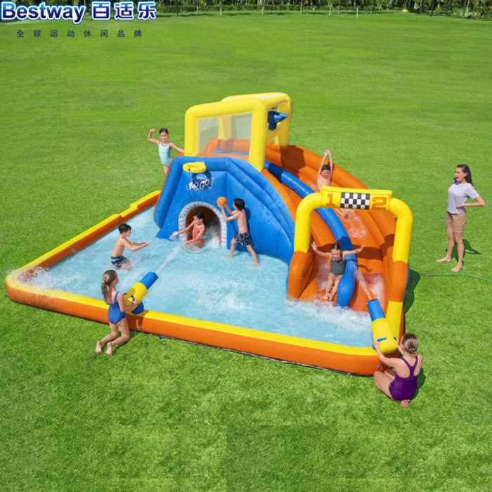 Bestway สไลด์สนามเด็กเล่นเต็มรูปแบบที่เต็มไปด้วยเรือนเล็กๆ และสระว่ายน้ำเล็กๆ 53377 ที่เต็มไปด้วยอากาศ