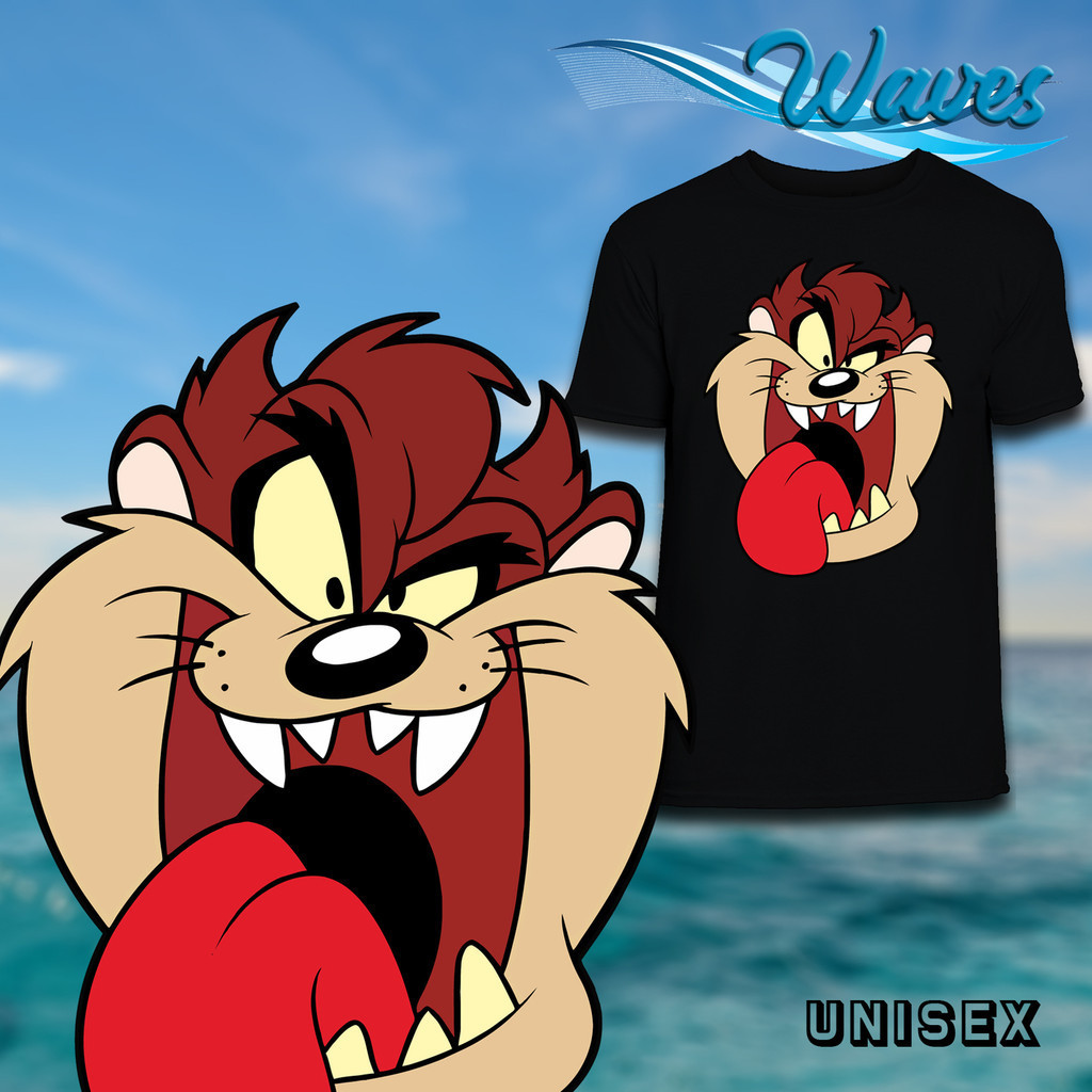 (Waves) เสื้อยืด ผ้าฝ้าย พิมพ์ลายการ์ตูนปีศาจ Tazmanian Looney Toons คุณภาพสูง สําหรับผู้ใหญ่ และเด็