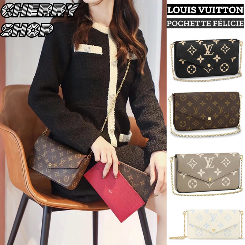 ♞,♘,♙Hot Louis Vuitton POCHETTE FÉLICIE Chain Bag 3 in 1 แท้กระเป๋าสายโซ่ LV ส่งแฟน