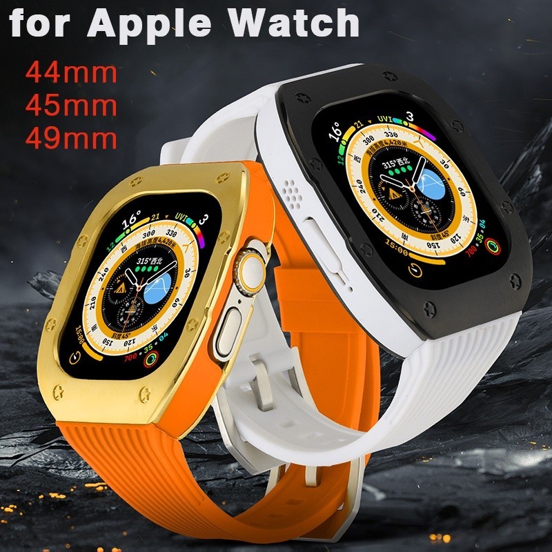 เคสโลหะ และสายนาฬิกาข้อมือยาง หรูหรา สําหรับ Apple Watch ultra 49 มม. 8 7 45 มม. iWatch 6 SE 5 4 44