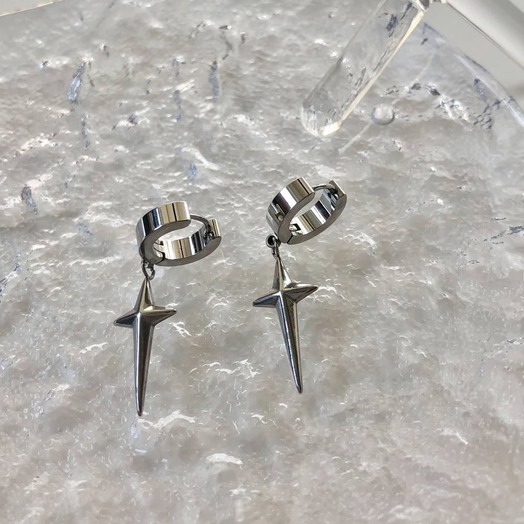 ♞,♘Cross Star Earrings, Unisex Titanium Steel, Non-fading, Simple And Cold, Ins Style, Anti-allergi