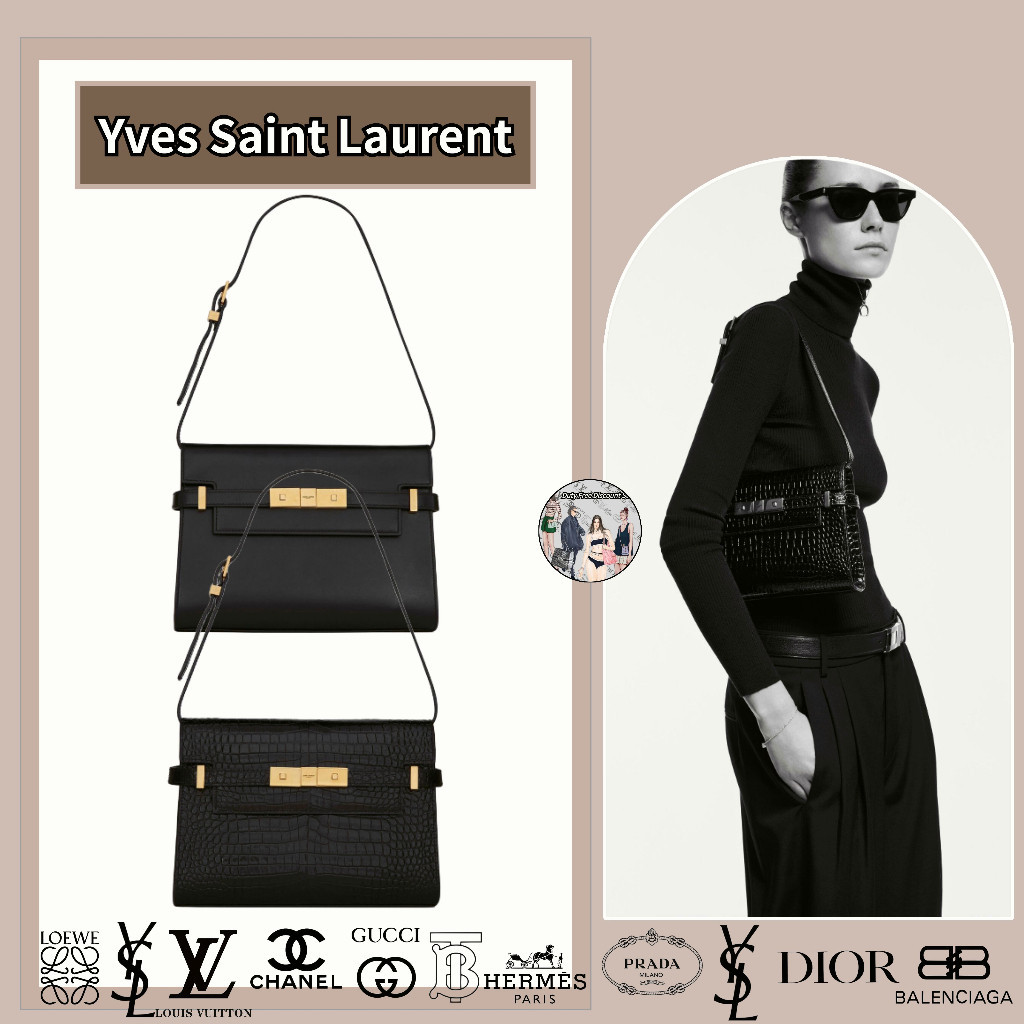 ♞YSL Saint Laurent กระเป๋าสะพายหนังจระเข้นูนเงา/แมนฮัตตัน/แท้ 100%