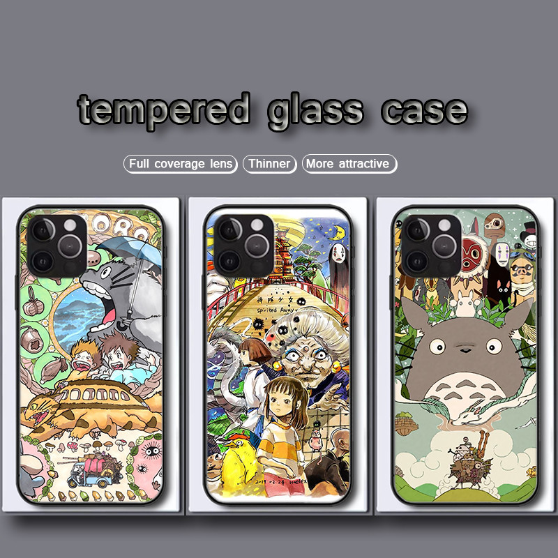 เคสโทรศัพท์มือถือกระจกนิรภัย ลายการ์ตูนอนิเมะ Totoro Spirited Away Ghibli สําหรับ iPhone 13 12 Mini Pro XS Max 66TP