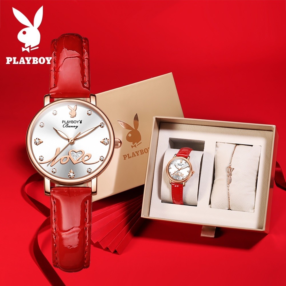 Playboy 2059-90 พร้อมส่ง ชุดนาฬิกาข้อมือควอตซ์ เรืองแสง กันน้ํา ปฏิทิน LOVE ประดับเพชร ไฮเอนด์ แฟชั