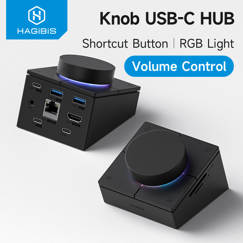 Hagibis Knob USB C Hub พร้อมปุ่มลัด Type-C Docking Station ปรับระดับเสียงเดสก์ท็อปคอนโทรลเลอร์สําหรั