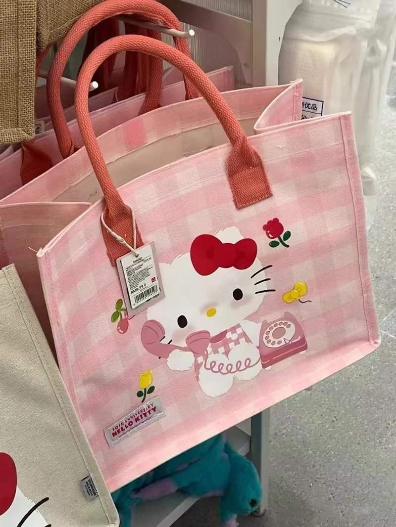 ღ-ღSanrio Hello Kitty New Cartoon Handbag Canvas Print Hello Kitty Womens Shopping Bag - รูปที่ 4