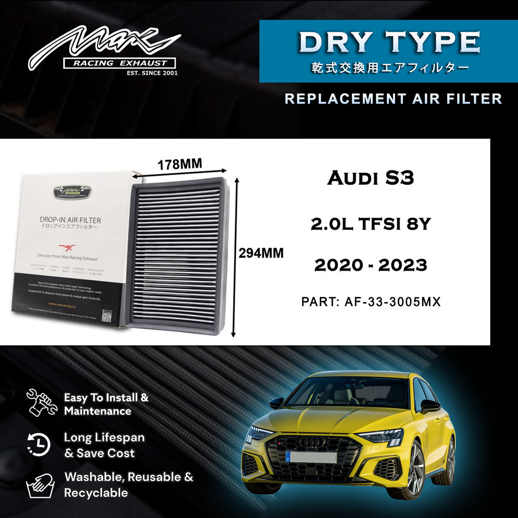 Audi S3 2.0L TFSI 8Y 2020 ถึง 2023 33-3005MX Max Racing Exhaust Performance Drop-in Dry Type Air Fil