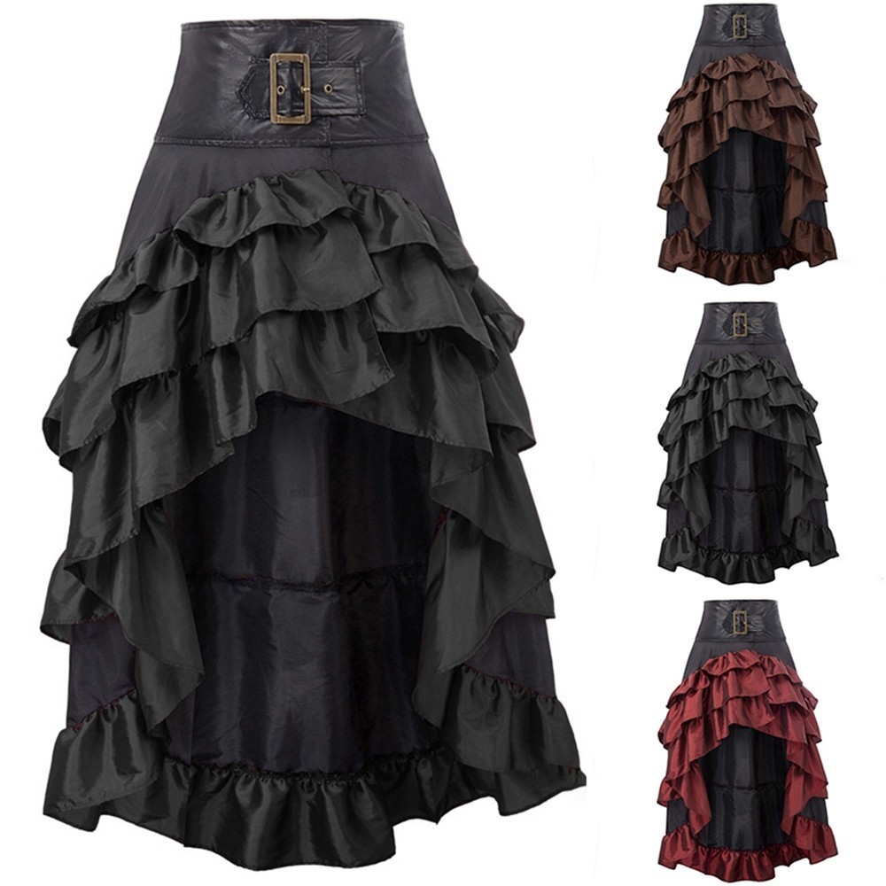 Women's Vintage Gothic Steam Punk Irregular Hem High Waist Long Skirt Cake Dress#BLURVER