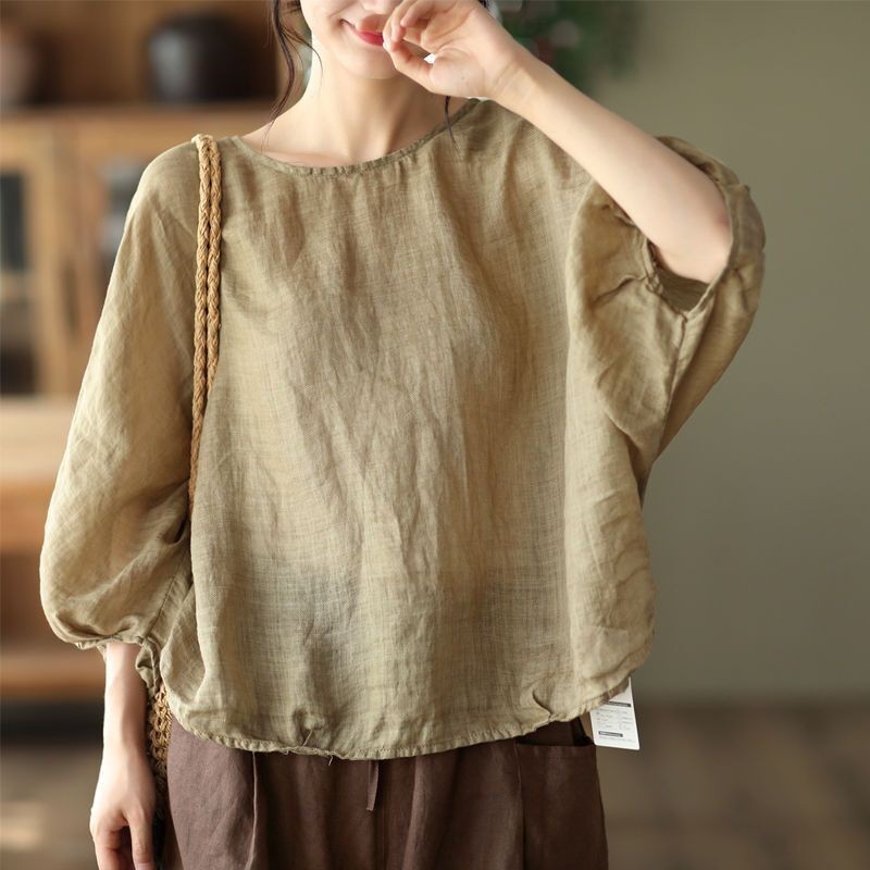 เสื้อยืดแขนค้างคาว ผ้าฝ้าย และผ้าลินิน แบบบาง ทรงหลวม สไตล์ฝรั่งเศส สําหรับผู้หญิง 2024