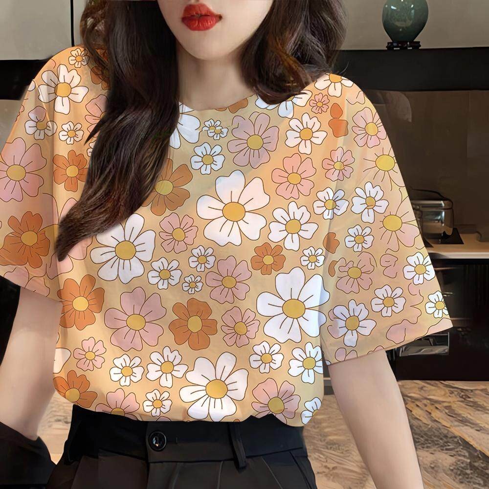 เสื้อยืดสงกรานต์ 2025 ผู้หญิงลายดอกไม้ใหม่ 2025 แขนสั้น ผู้หญิงหลวม เสื้อยืดฮาราจูกุ
