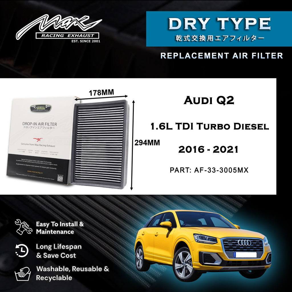 Audi Q2 1.6L TDI Turbo Diesel 2016 ถึง 2021 33-3005MX Max Racing Exhaust Performance Drop-in Dry Typ