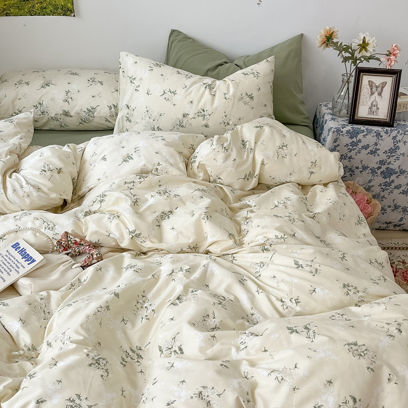 TUF4 พระเตียงสดขนาดเล็กสี่ชิ้นสไตล์อินฤดูใบไม้ผลิและฤดูร้อนดอกไม้ล้างผ้าปูที่นอนผ้าฝ้ายและผ้าห่มปกห