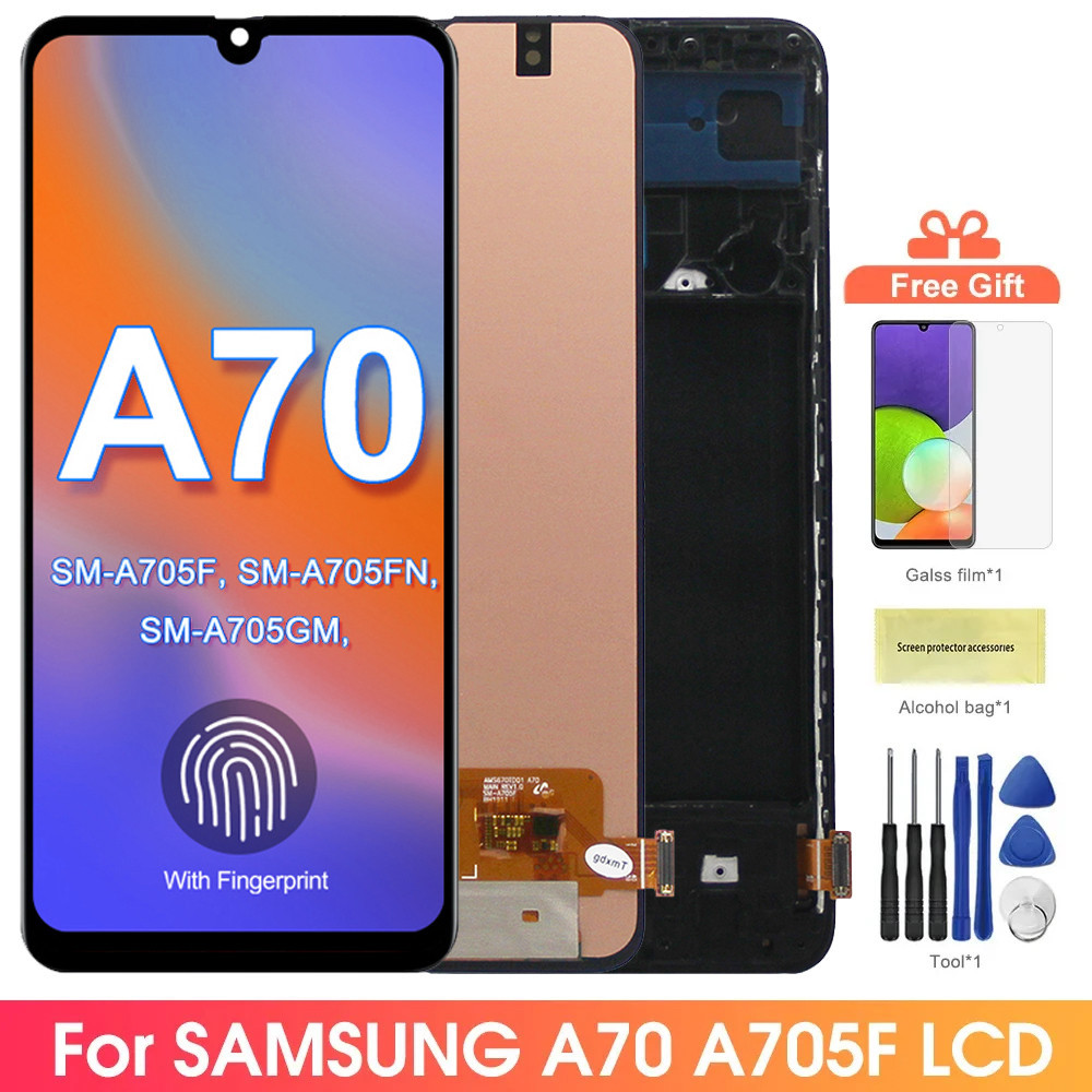หน้าจอแสดงผล A70ซุปเปอร์ AMOLED สำหรับซัมซุงกาแล็คซี่ A70 A705 A705f A705fd แอลซีดีหน้าจอสัมผัสดิจิตอลประกอบกับกรอบ