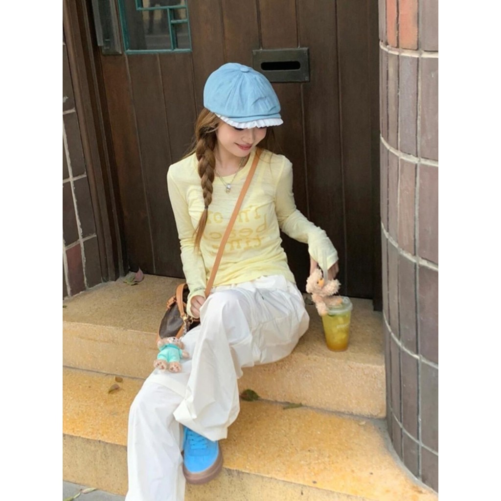 เสื้อยืดแขนยาวสีเหลืองผู้หญิงสไตล์ใหม่ Slim-Fit Thin Sun รูปที่ 5