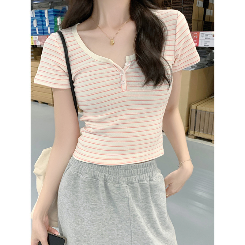 70373 เสื้อยืดแขนสั้น ลายทาง ติดกระดุม สําหรับผู้หญิง