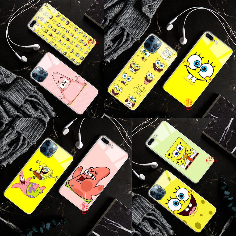 เคสโทรศัพท์มือถือกระจกนิรภัย ลาย SpongeBob น่ารัก L246 สําหรับ iPhone SE 12 Pro Max 13 Mini