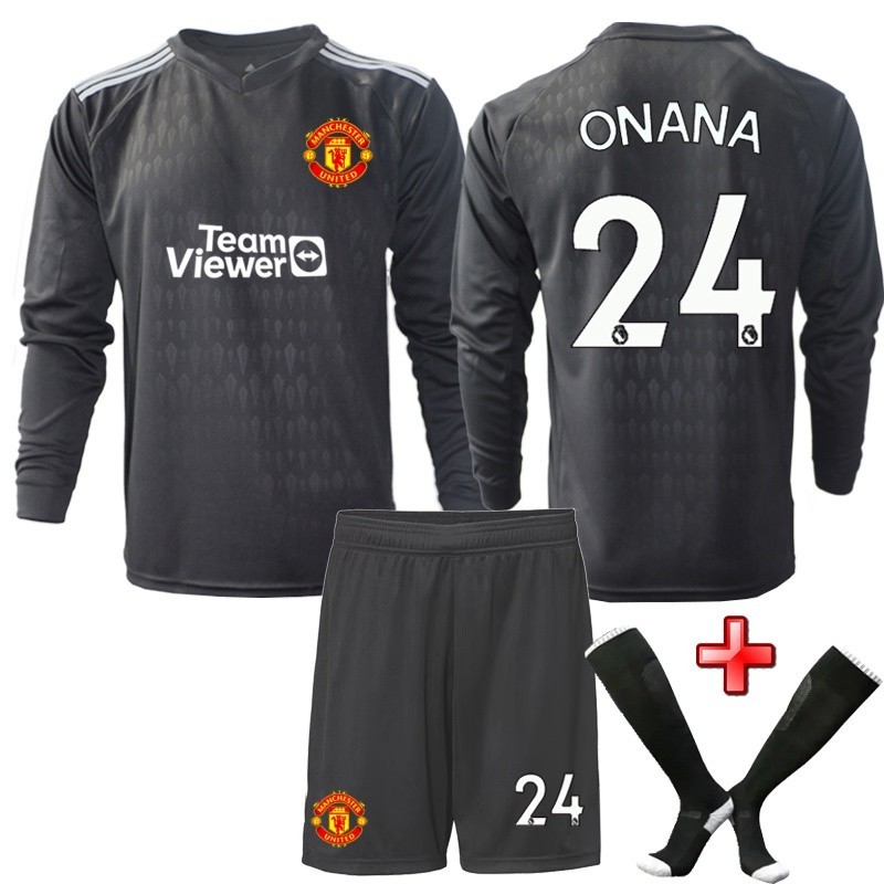 ชุดเครื่องแบบรักษาประตู No. เสื้อกีฬาแขนยาว ลายทีมชาติฟุตบอล Onana 24 Onana สีดํา สําหรับเด็ก และผู