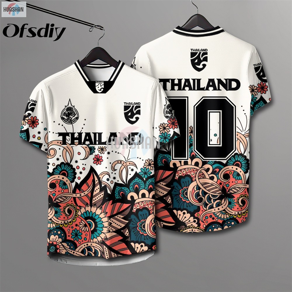 ฟรีชื่อที่กําหนดเองและหมายเลขThai ทีมฟุตบอล No.10 jersey ผู้ชายคอวีกีฬาแขนสั้นหลวมกีฬาเสื้อยืดผู้ชายกลางแจ้งสบายๆระบายอากาศด้านบน