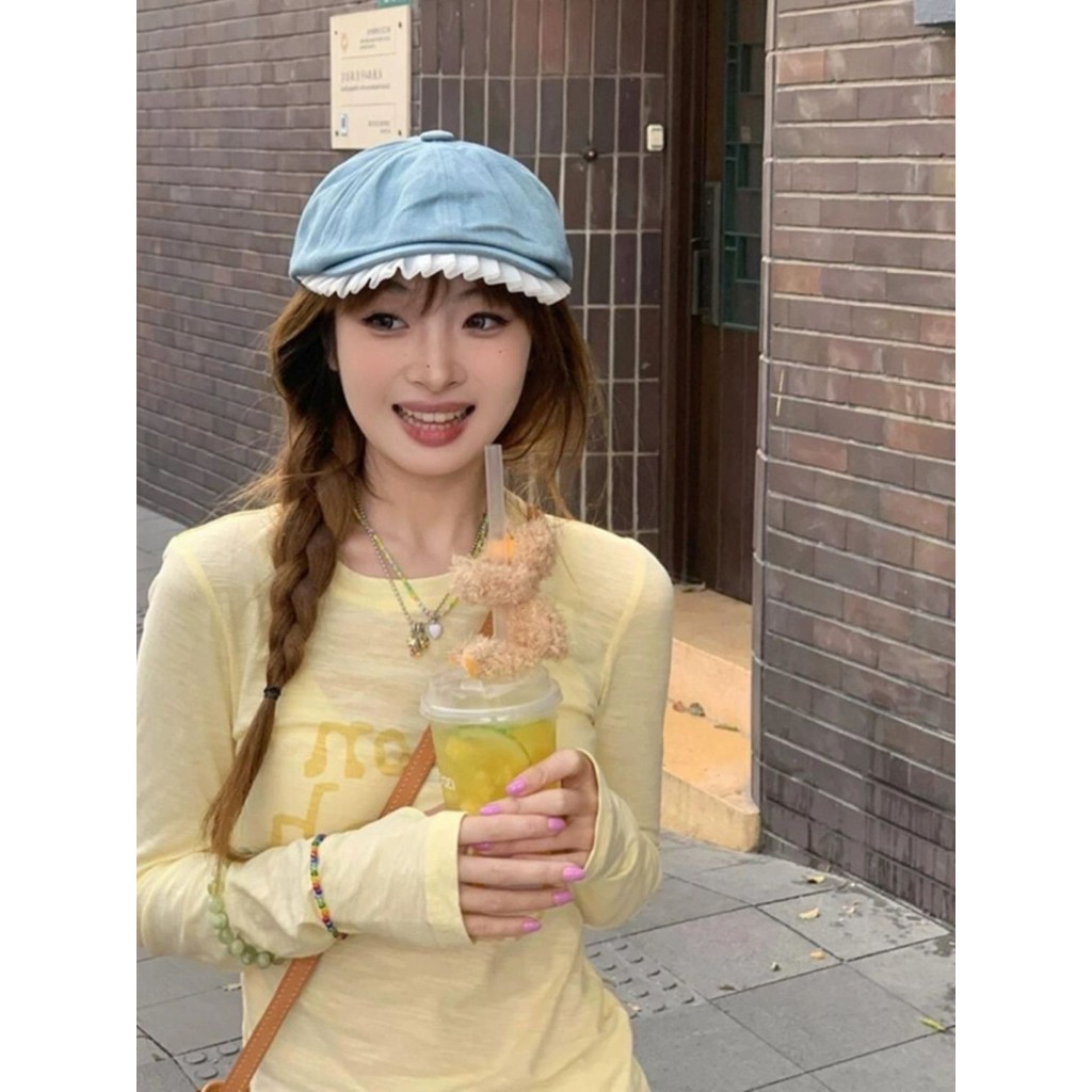 เสื้อยืดแขนยาวสีเหลืองผู้หญิงสไตล์ใหม่ Slim-Fit Thin Sun รูปที่ 3