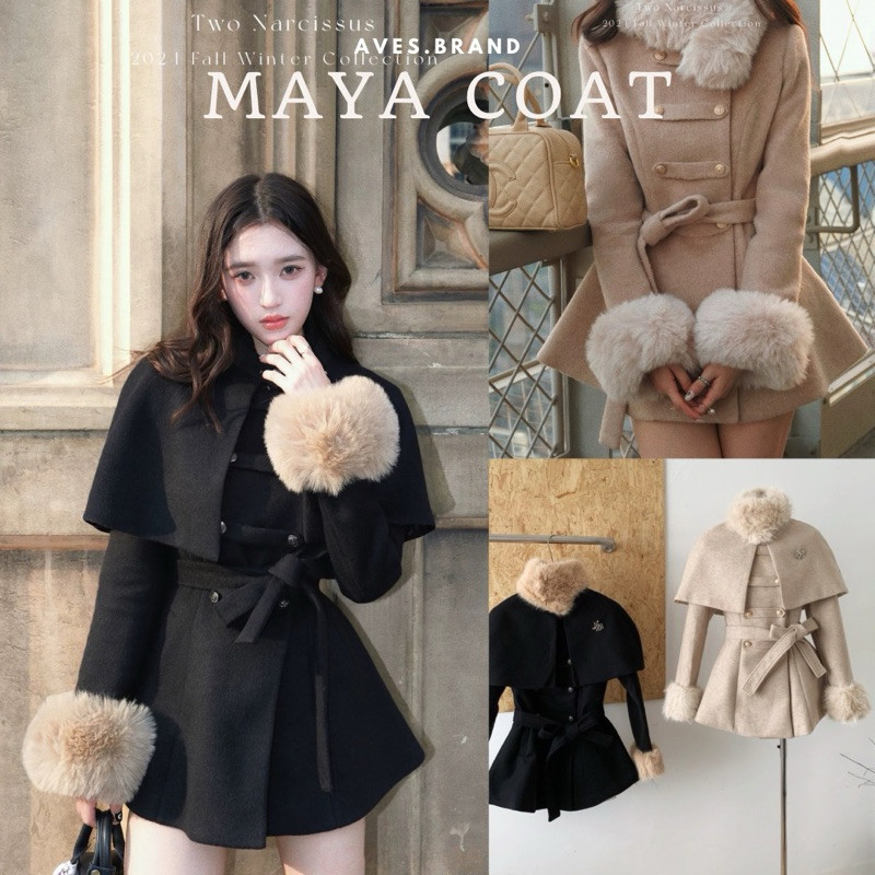 ♞AVES.BRAND (  จัดส่ง /) MAYA COAT เสื้อโค้ทผ้าวูล พร้อมขนเฟอร์ที่คอ gf