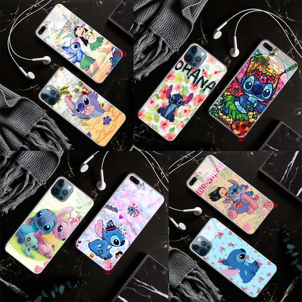 เคสโทรศัพท์มือถือกระจกนิรภัย ลาย Stitch น่ารัก L48 สําหรับ iPhone 14 15 Pro Max