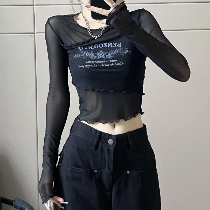 American Retro Blouse เสื้อยืดแขนยาวผู้หญิงสไตล์ใหม่ไม่สม่ําเสมอ Slim-fit ด้านใน Match