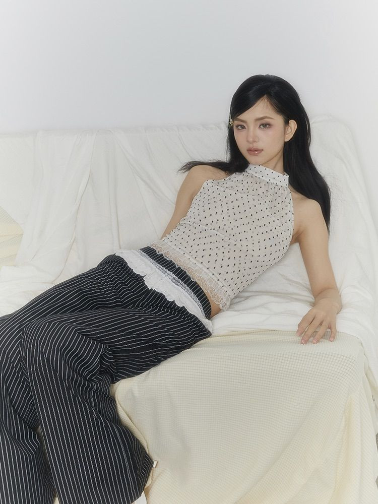 บัลเล ่ ต ์ Pure Desire สไตล ์ Double Layer Lace Polka Dot Design Halterneck เสื ้ อกั ๊ กผู ้ หญิงแขนกุดสั ้ นสไตล ์ ให ้ ญี ่ ปุ ่ นอินเทรนด ์