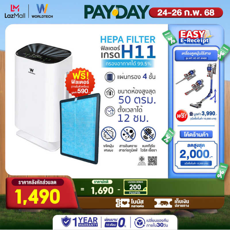 เครื่องฟอกอากาศ Worldtech Air Purifier มอก.รับรอง พื้นที่ 40-50 ตรม.รุ่น Wt-P50