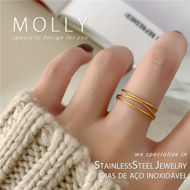 สแตนเลสสตีลเรียว Layered Curve แหวนผู้หญิง Non Tarnish Gold Plated Hypoallergenic Minimalist แฟชั่นเครื่องประดับ