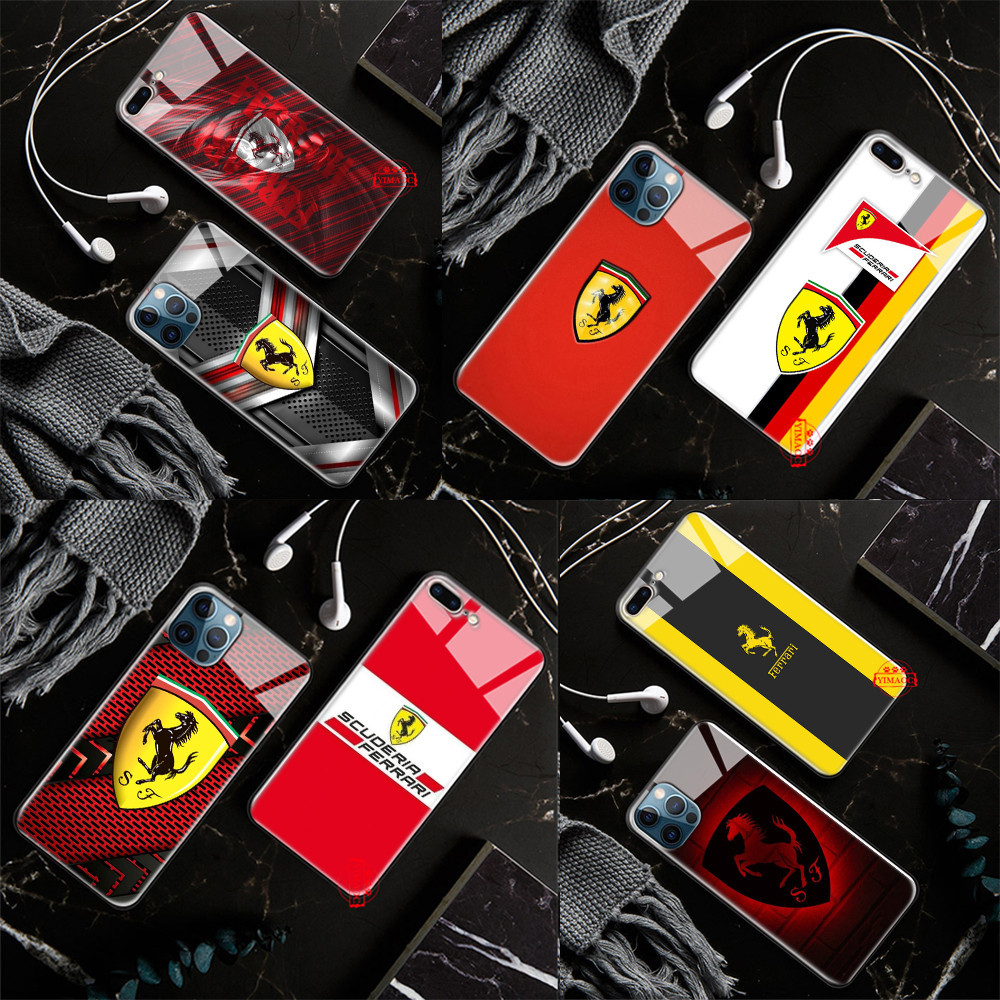 เคสโทรศัพท์มือถือกระจกนิรภัย ลายโลโก้รถยนต์ Ferrari L173 สําหรับ iPhone 14 15 Pro Max