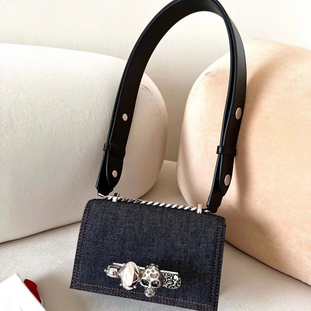 Pre order ราคา11000 Alexander mcqueen Mini Jewelled Denim Satchel Bag กระเป๋าสะพายข้าง Size:9.5 x 1