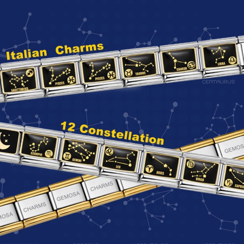 12 Constellation Zodiac Signs Black Glaze Italian Charm Link Fit 9 มม.เครื่องประดับสแตนเลส DIY ทําลู