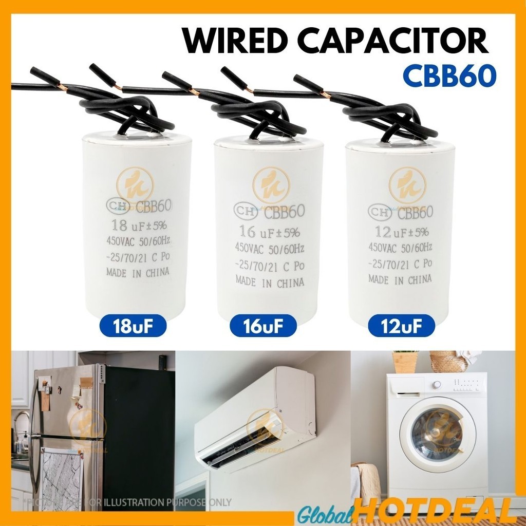 สายพรีเมี่ยม CBB60 12uf / 16uf / 18uf ตัวเก็บประจุ Condensor AC มอเตอร์ประตูบานเลื่อนปั๊มเครื่องปรับ