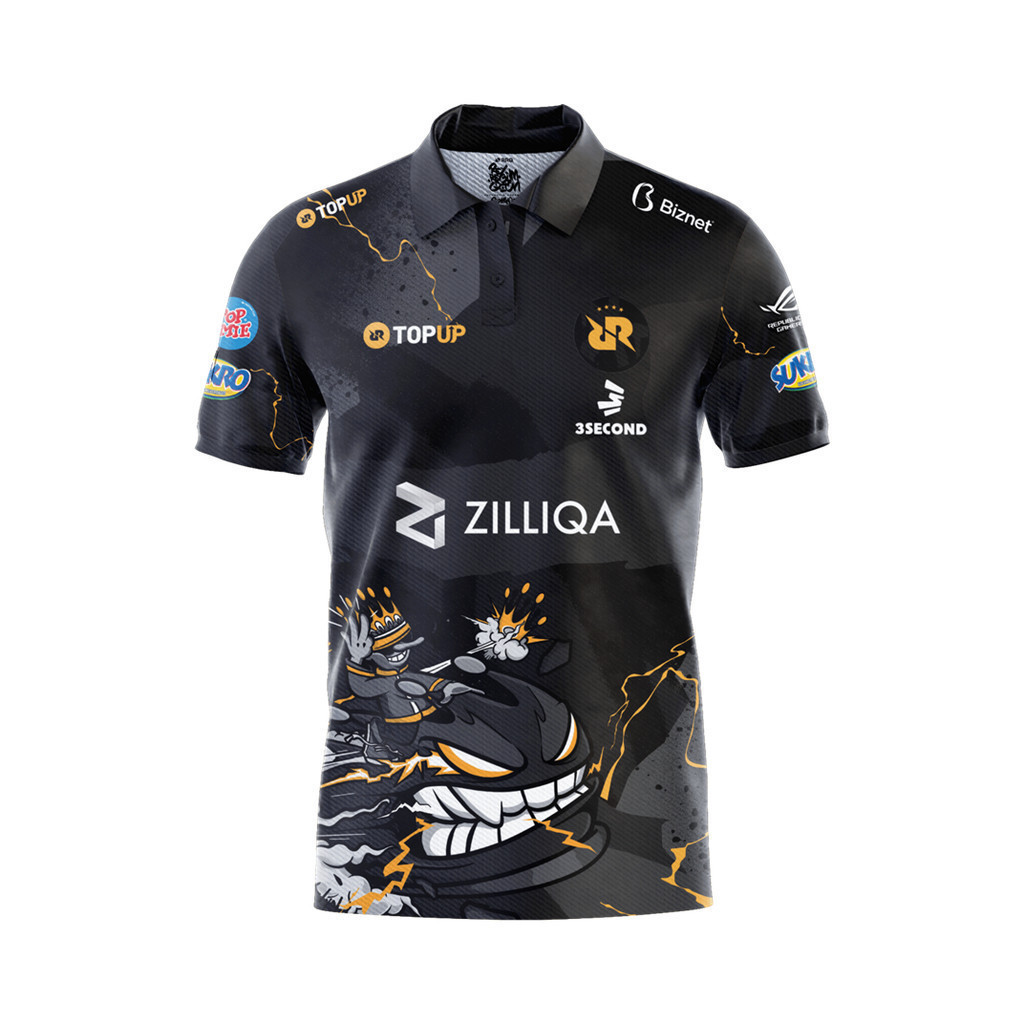 [HOT Item] RRQ Official PRO Team 2024 สีดําใหม่โปโลผู้ชายผู้หญิงล่าสุด Full Sublimation Mens Polos "RRQ" Esports Mobile