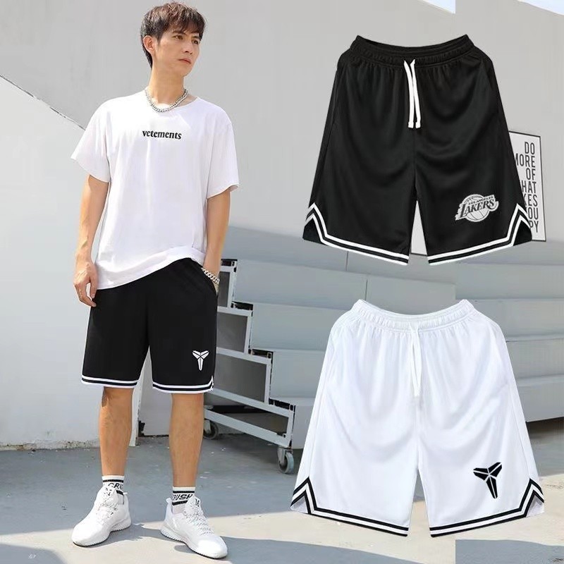 กางเกงบาสเก็ตบอลขาสั้น ผ้าตาข่าย ระบายอากาศได้ดี ปักลายโลโก้ NBA Lakers Kobe Kyrie Irving สีดํา สีข