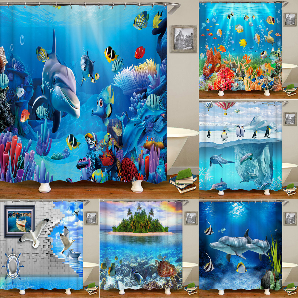 Underwater World Fish Turtle 3d ผ้าม่านอาบน้ํา Ocean Dolphin Sea Scenery ผ้ากันน้ําผ้าม่านอาบน้ําห้องน้ํา Decor