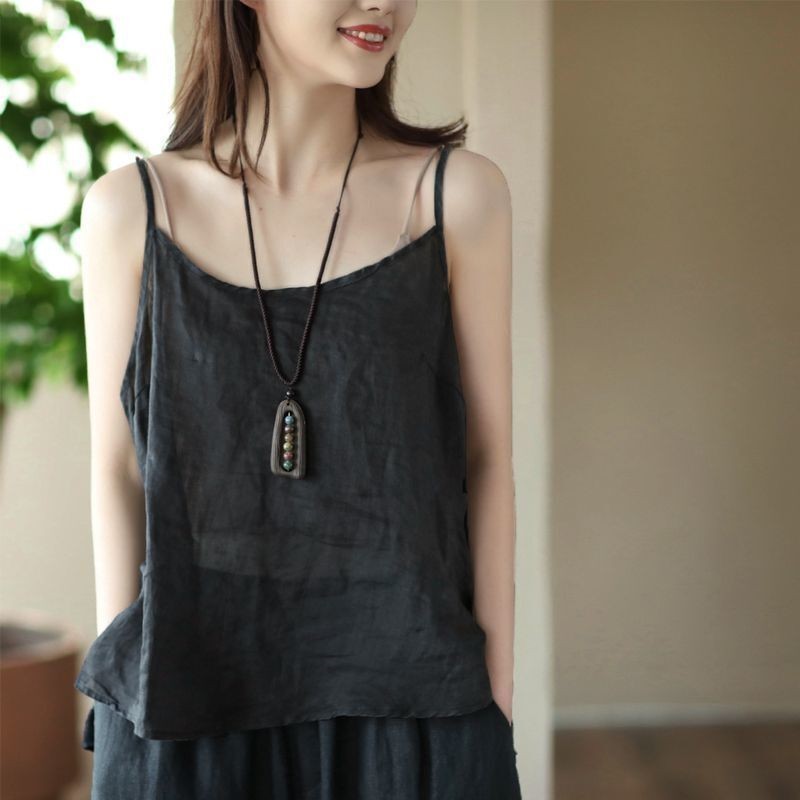เสื้อสายเดี่ยว ผ้าฝ้าย และผ้าลินิน ทรงหลวม เข้ากับทุกการแต่งกาย สไตล์ตะวันตก แฟชั่นฤดูร้อน สําหรับผู้หญิง 2024