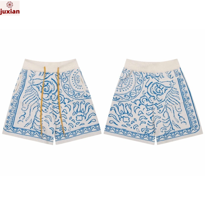 Streetwear ใหม่ Rhude 2024 SS กางเกงขาสั้น ผ้าถัก ลาย Danube สีฟ้า สําหรับผู้หญิง และผู้ชาย