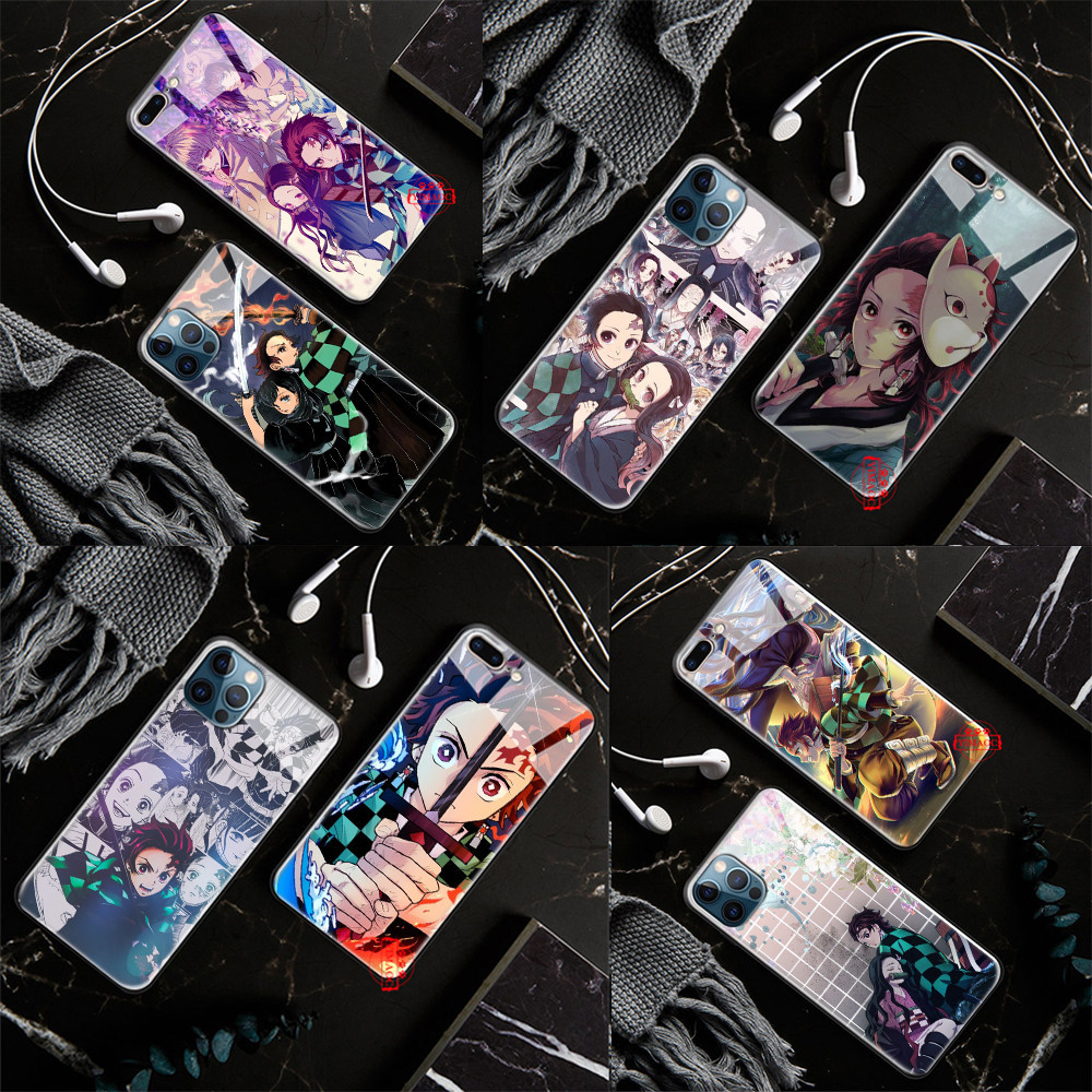 เคสโทรศัพท์มือถือกระจกนิรภัย ลายการ์ตูนอนิเมะ Demon Slayer L60 สําหรับ iPhone 14 15 Pro Max